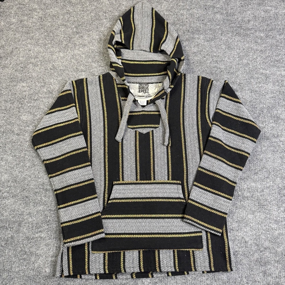 Senor Lopez Pullover Hoodie Mens Large L Black Gray Striped Baja Mexican Surfer